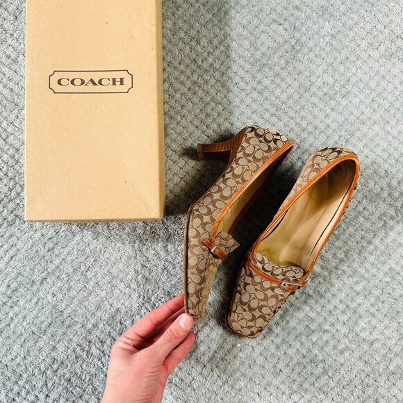 Vtg y2k COACH Monogram Square Toe Kitten Heel Mary Jane Brown Fall Office Siren - Picture 1 of 6